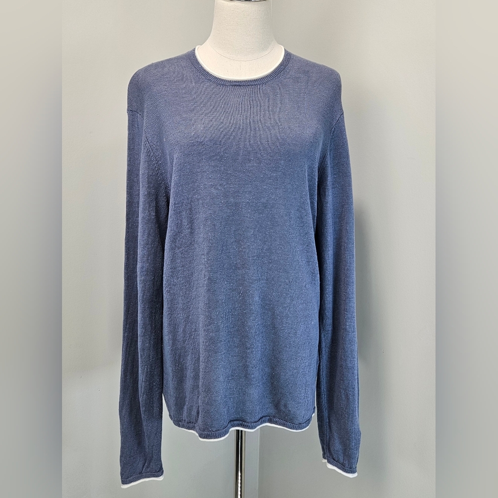 Club Monaco Linen Sweater Large Crew Neck Contrast Trim on Sleeves Hem and Neck